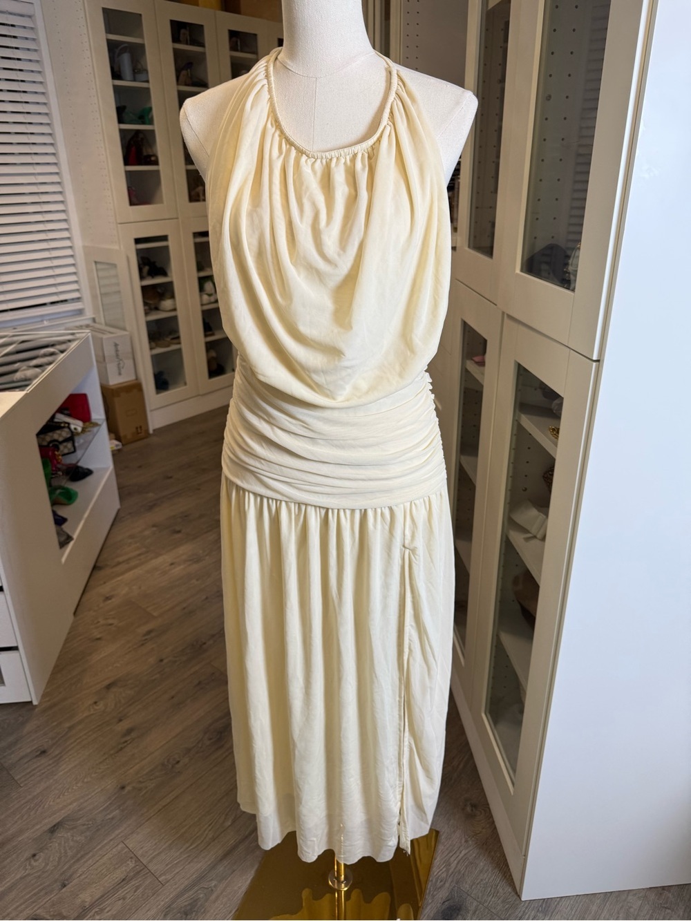 SHEIN Ivory Halter Ruched Waist Maxi Dress
